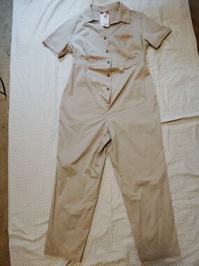 Isabel Short-Sleeve Button-Front 4 Pocket  Cotton Blend Khaki Jumpsuit